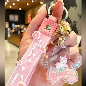 Cute 3D Liquid Quicksand Star Shaped Keychain Backpack Pendant unicorn PINK
